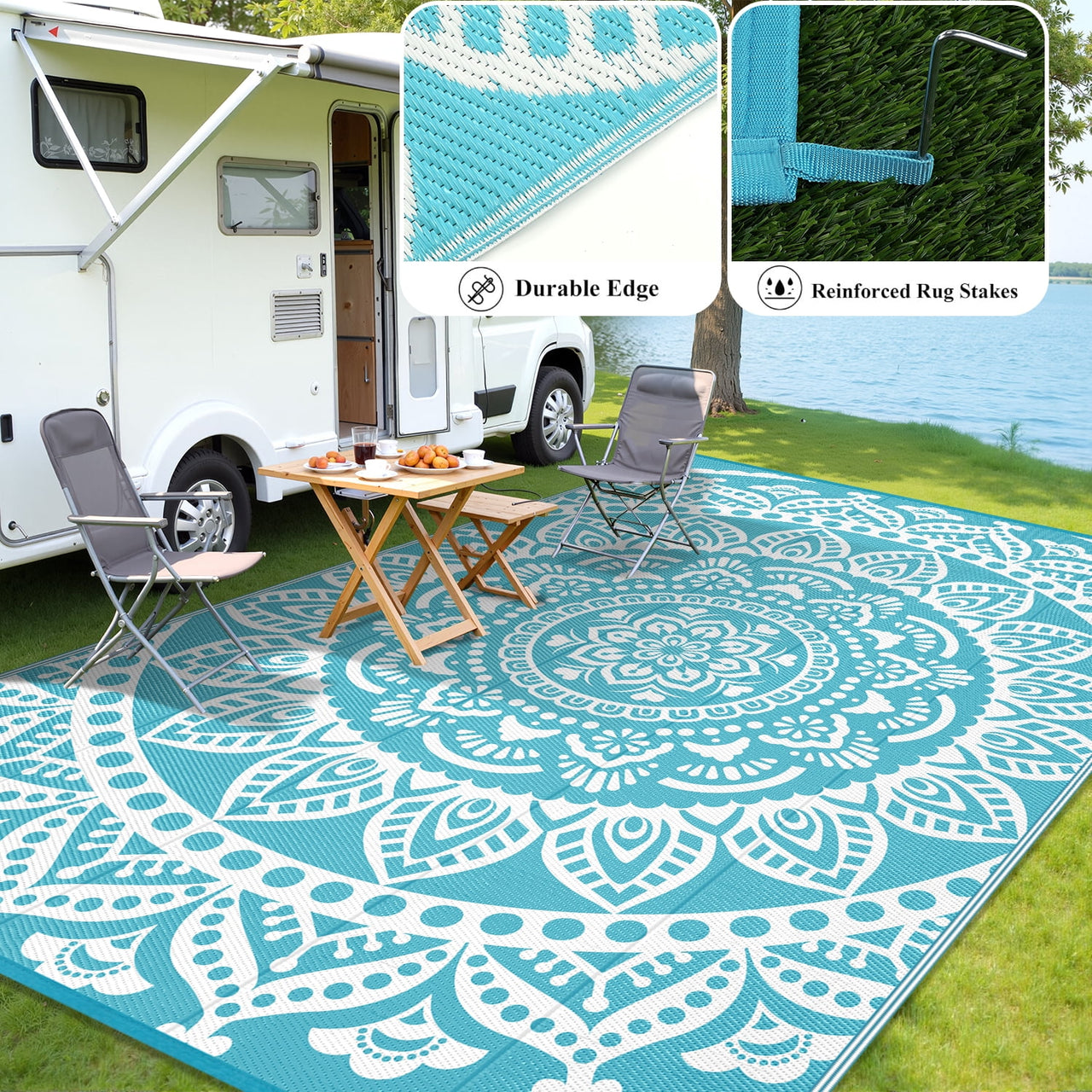 Yamaziot 6'x9' Outdoor Rugs Patio Rug Reversible Mats Waterproof RV Rug Plastic Straw Outdoor Area Rug for Patios, Camping, Porch, Balcony, Beach, Deck, Teal