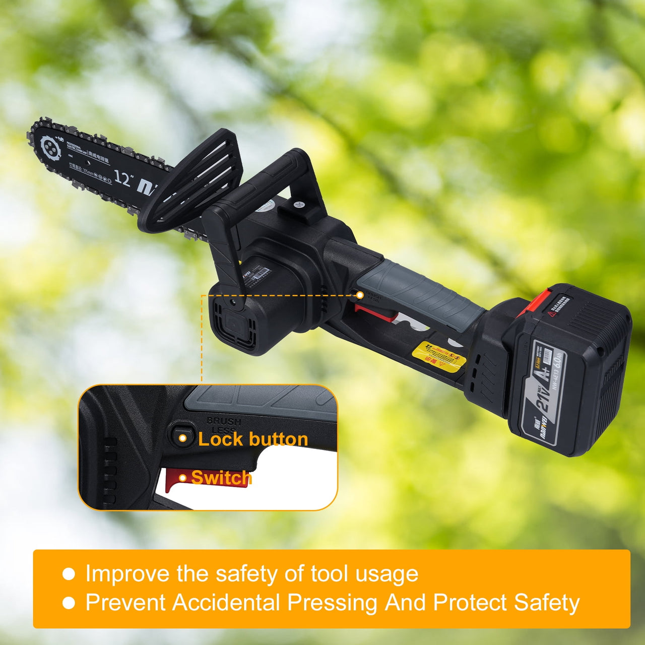 Handheld 12inch Electric Chainsaw 2000W Brushless Chainsaw Handheld Logging Saw With Safety Lock 21V 6000mah Rechargeable Battery For Wood Cutting Trimming Courtyard Garden