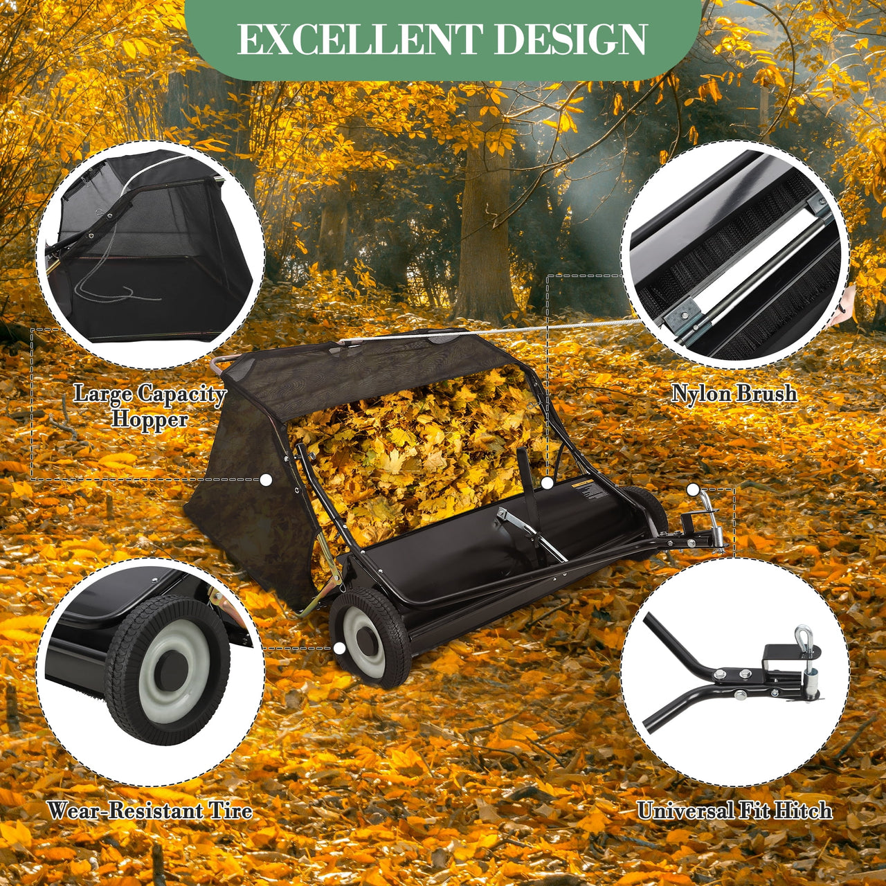 TEQIN 48" 50"Tow Behind Lawn Sweeper, Large Leaf Grass Sweeper Collector Pull Behind with Adjustable Brush Height and Dump Pull Behind Yard Sweeper for Picking Up Debris