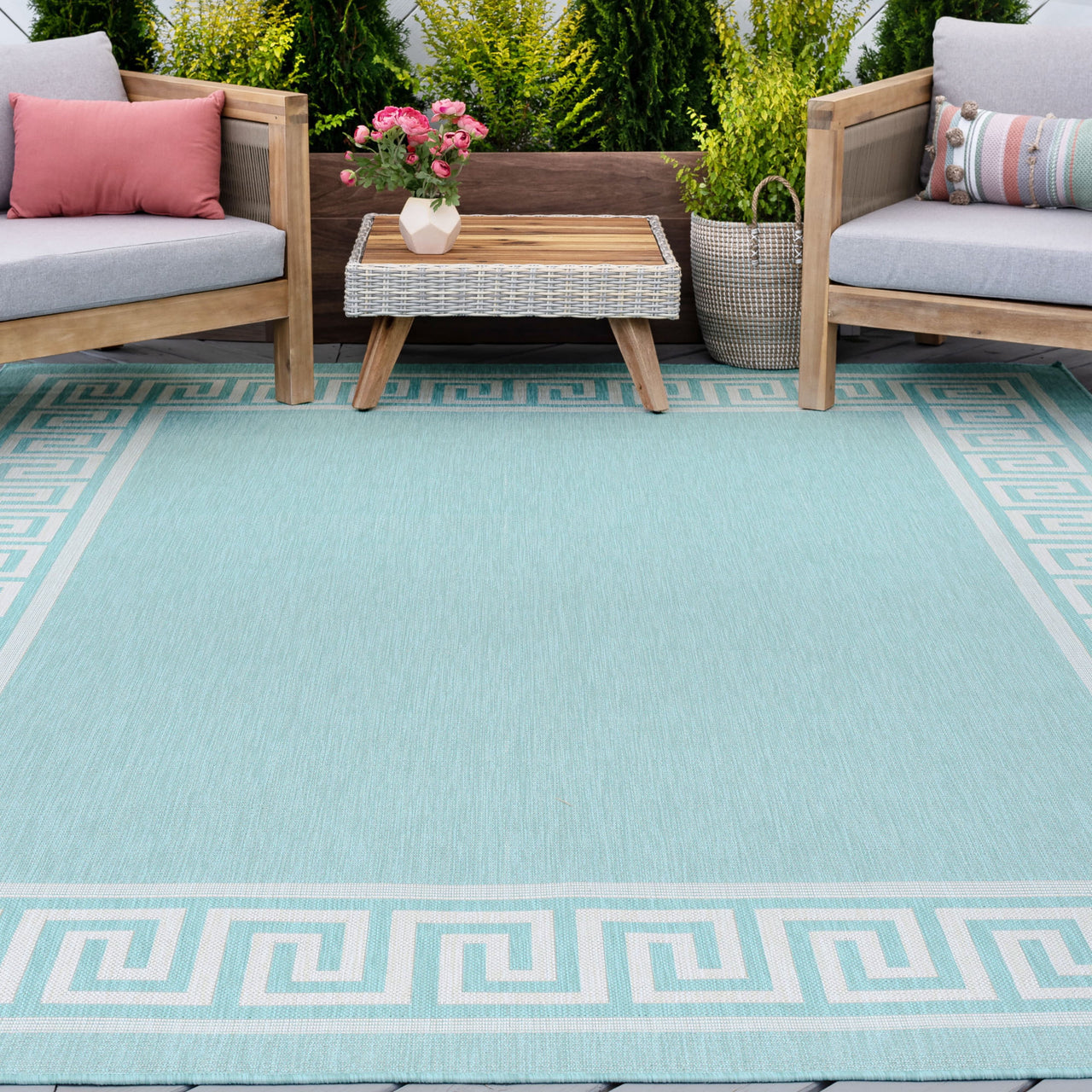 5x8 Water Resistant, Indoor Outdoor Rugs for Patios, Front Door Entry, Entryway, Deck, Porch, Balcony | Outside Area Rug for Patio | Black, Greek Key | Size: 5'3'' x 7'3''