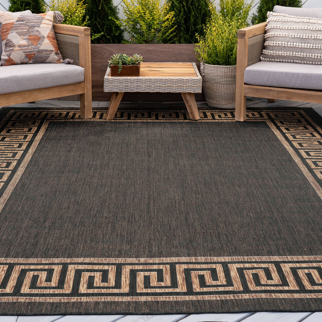 5x8 Water Resistant, Indoor Outdoor Rugs for Patios, Front Door Entry, Entryway, Deck, Porch, Balcony | Outside Area Rug for Patio | Black, Greek Key | Size: 5'3'' x 7'3''
