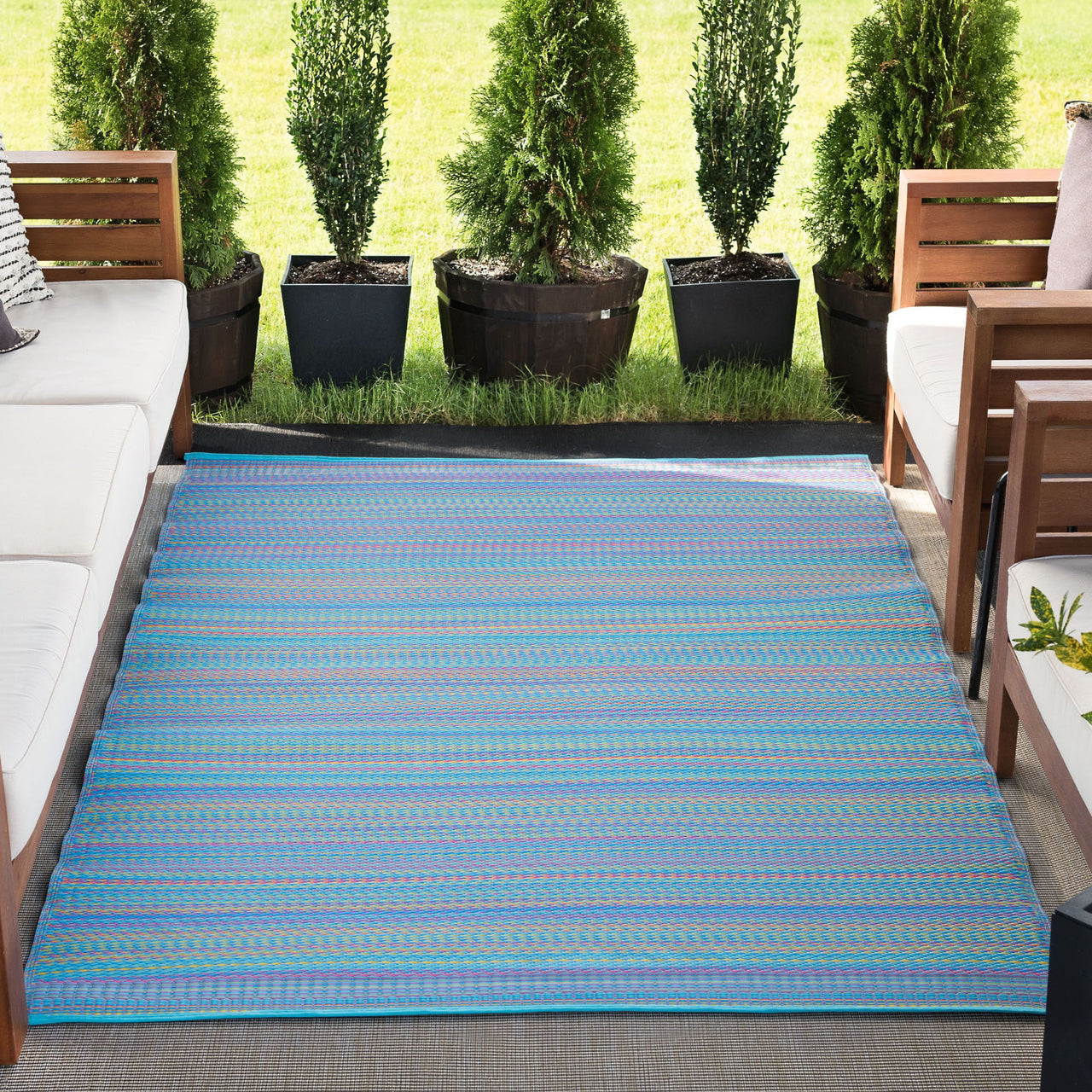 5x7 Waterproof, Reversible Plastic Straw Outdoor Rugs for Patios | Also for Camping, RV, Deck, Porch, Balcony, Camp, Patio | Red, Stripe | Size: 5' x 6'11''