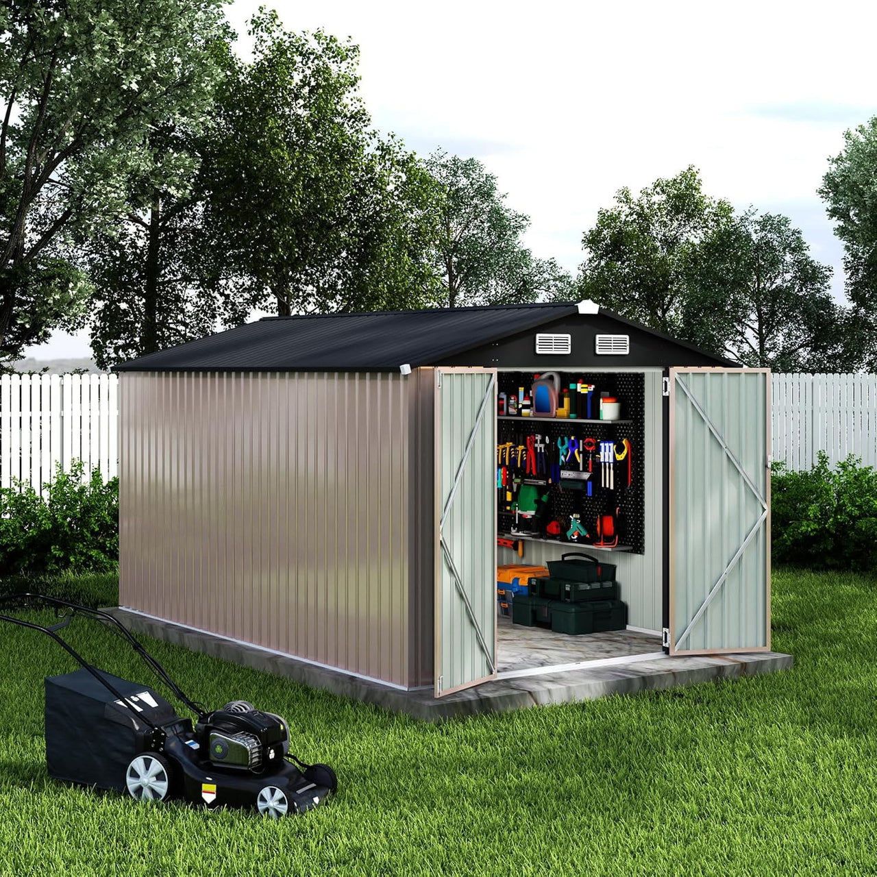 8x12 FT Metal Storage Sheds Outdoor, Metal Yard Sheds Garden Shed Kit, 8x12x6.4 FT Outdoor Storage Sheds, Metals Tool Shed with Lockable Door, Metals UtilityShed Buildings with Air Vent for Backyard G