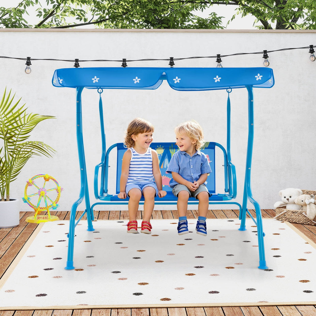 Costway 2-Seater Toddler Porch Swing Chair with Metal Stand Adjustable Canopy Safety Belts Blue