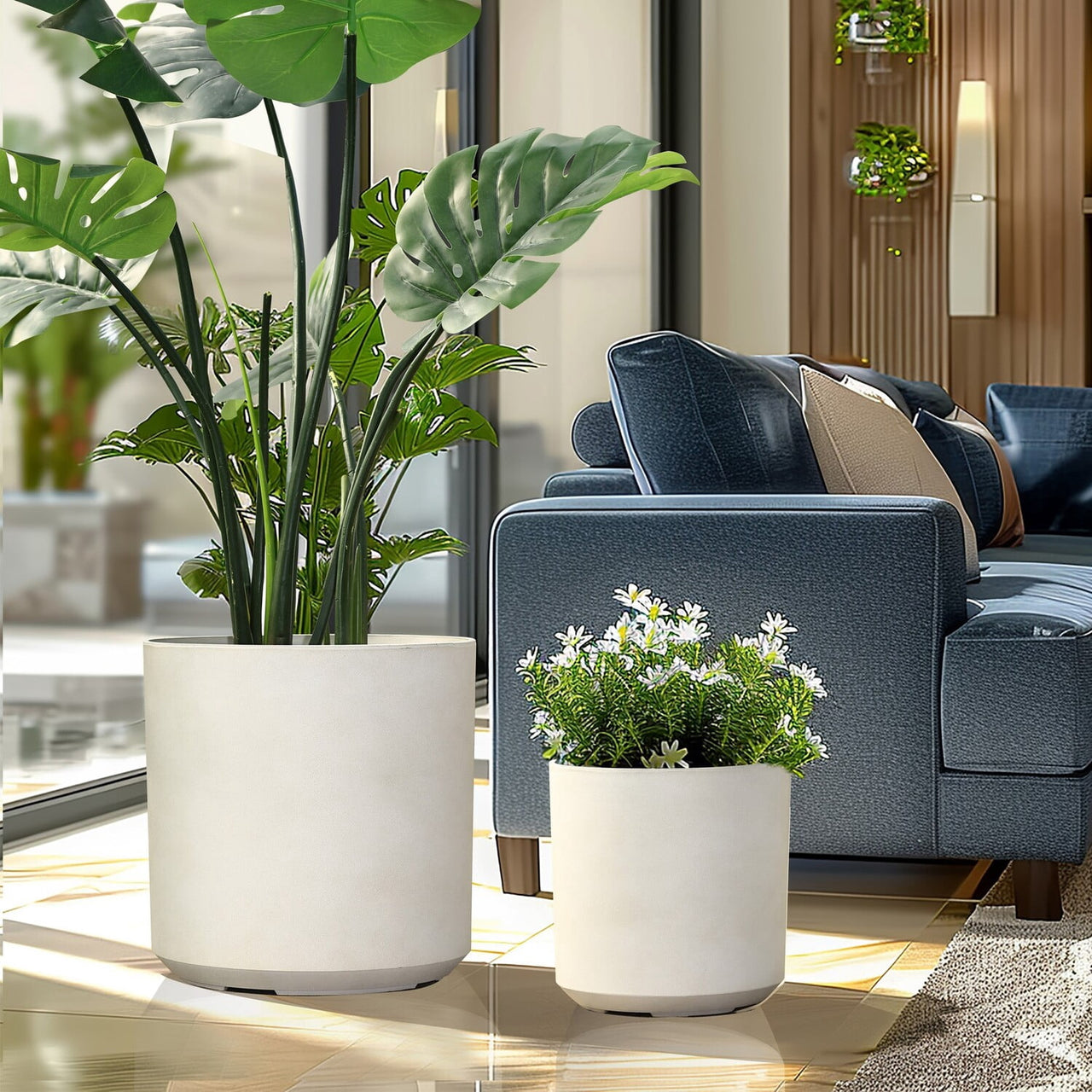 LuxenHome 2-Piece Moon Stone Round Plastic Planters Set