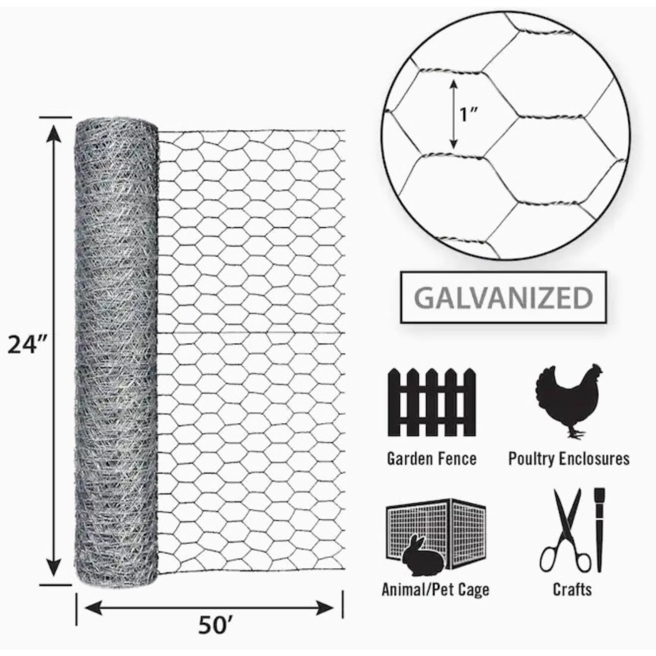 Garden Craft 24in H x 50ft L Gray Chicken Wire with 1in Openings