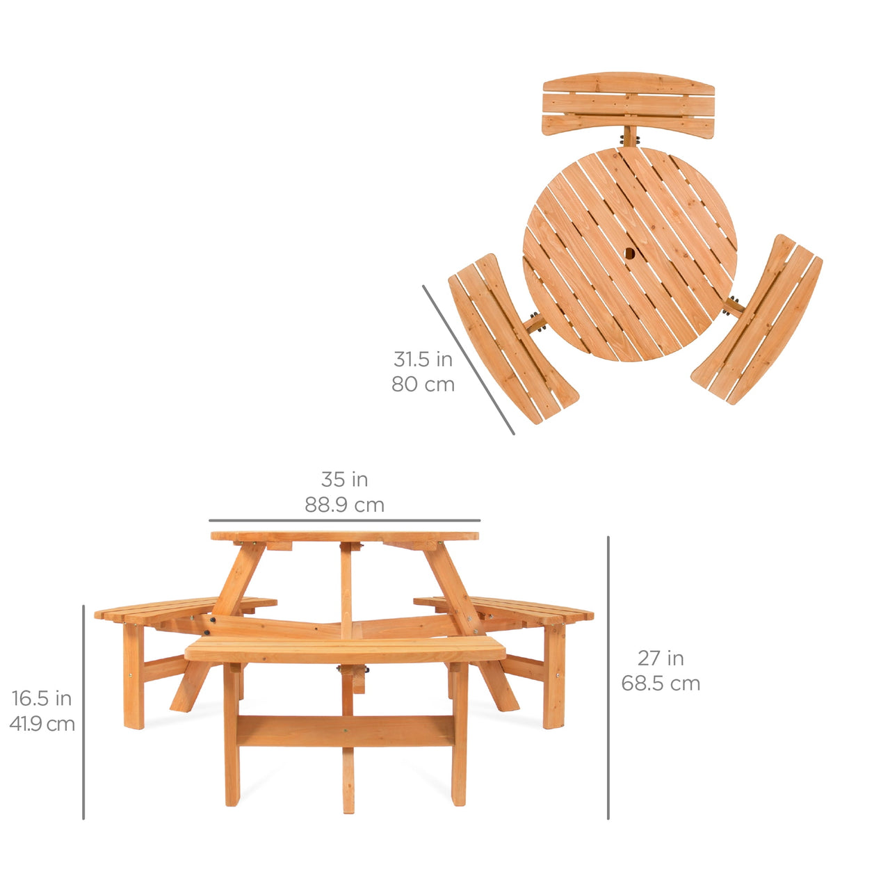 Best Choice Products 6-Person Circular Outdoor Wooden Picnic Table w/ 3 Built-In Benches, 500lb Capacity - Natural