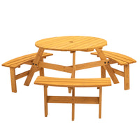 JXXRZ 6-Person Circular Outdoor Wooden Picnic Table w/ 3 Built-In Benches, 500lbs Capacity Per Bench- Natural