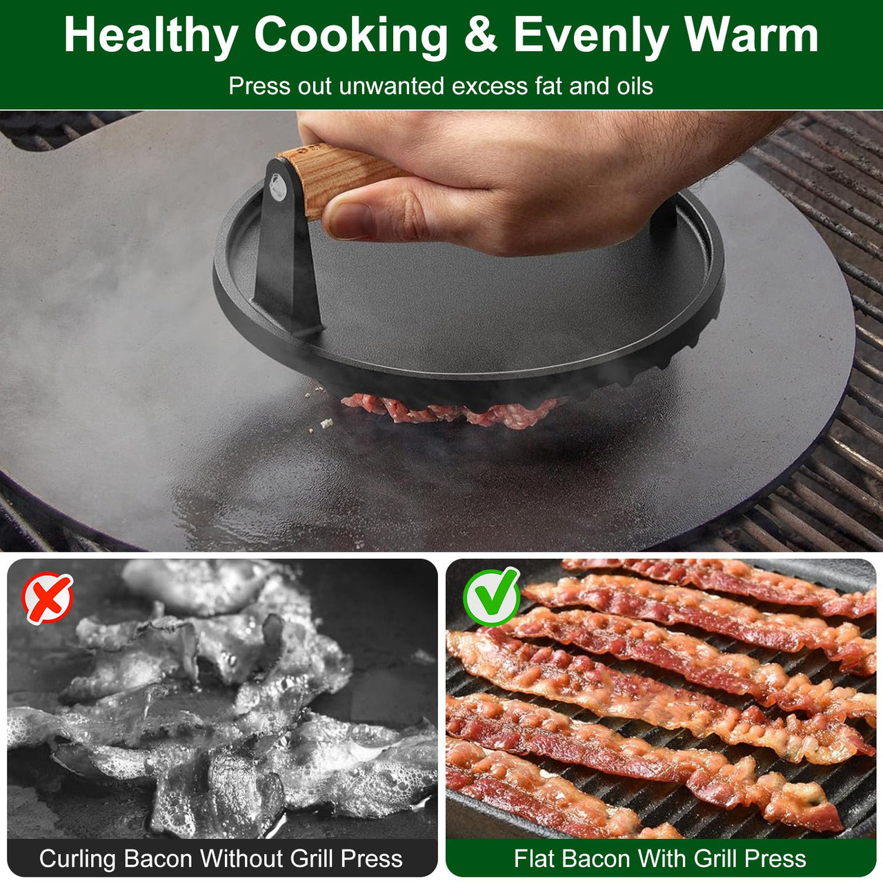 2Pcs Burger Press Heavy-Duty Cast Iron Smashed Meat Steak Weight Grill Griddle Press (7" Round & 8.2"X4.3" Rectangle) with Wood Handle for Camping Griddle