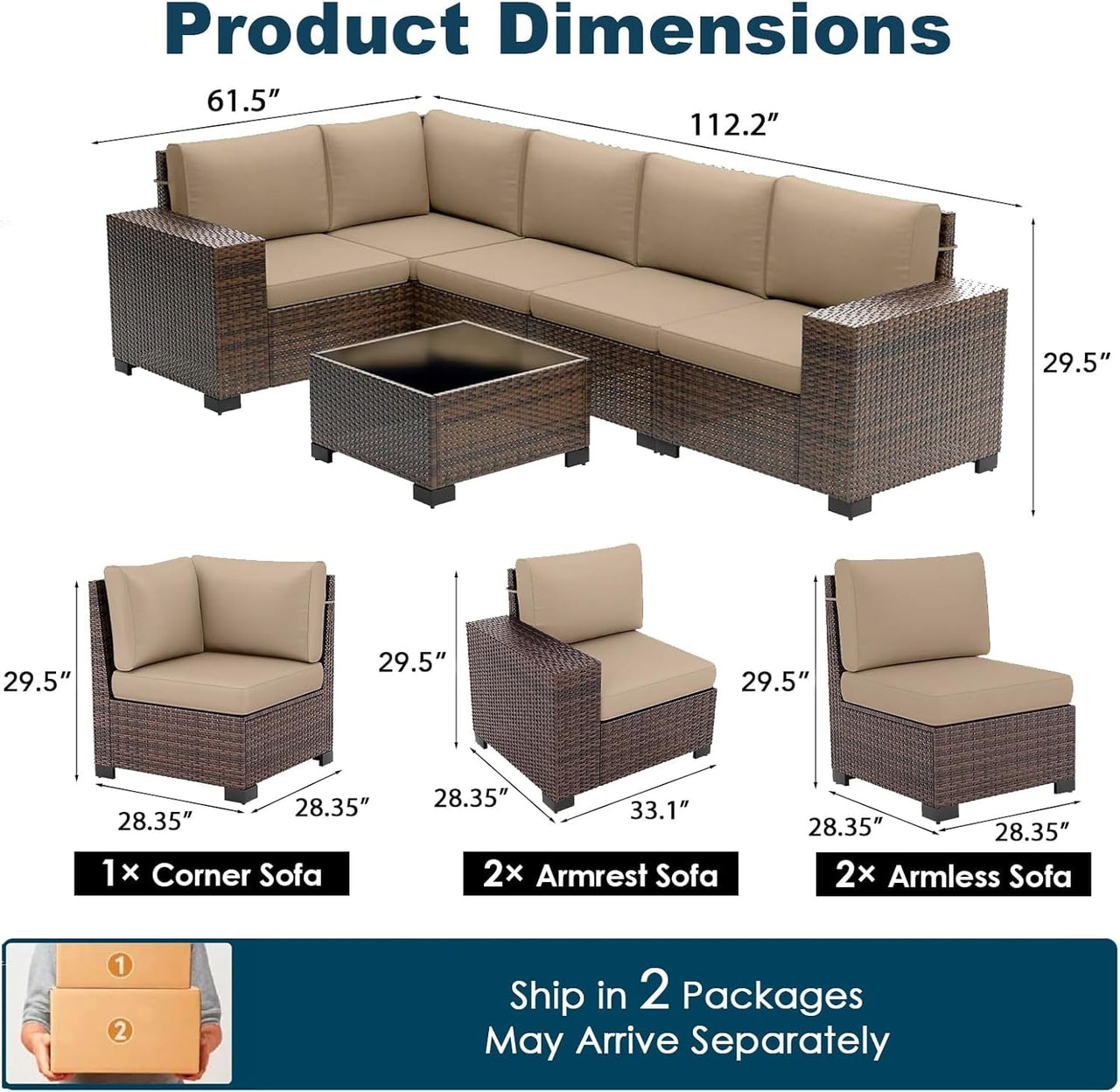 Patio Furniture Set, Ampatio 6-Piece Outdoor Sectional Sofa with Tempered Glass Table for Backyard & Porch, Wicker | Metal | Brown