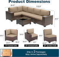 Patio Furniture Set, Ampatio 6-Piece Outdoor Sectional Sofa with Tempered Glass Table for Backyard & Porch, Wicker | Metal | Brown