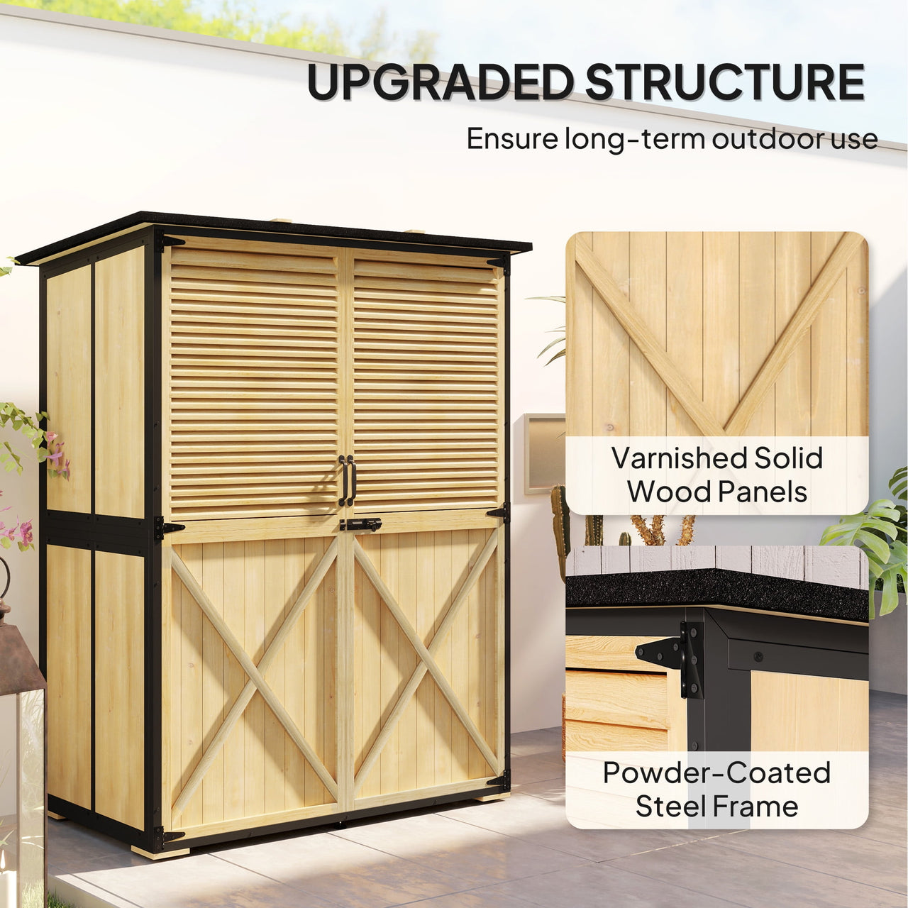 Outsunny Outdoor Storage Shed, Wooden Garden Storage Cabinet with Waterproof Asphalt Roof, 2 Shelves, Lockable Doors and Adjustable Feet, Natural