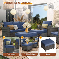 ELPOSUN Patio Furniture Set, 6 Pieces Outdoor Patio Set, All-Weather Wicker Rattan Outdoor Furniture Set with Swivel Chairs for Poolside, Backyard, Gray Wicker Navy Blue Cushions