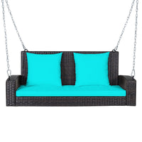 Costway 2-Person Patio Rattan Hanging Porch Swing Bench Chair Cushion Turquoise