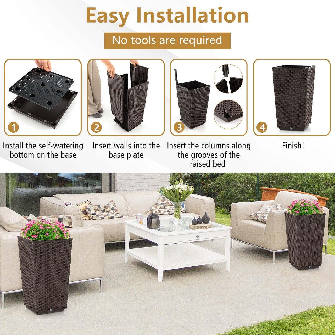 Costway 2PCS Outdoor Wicker Flower Pot 22.5''Tall Planters with Drainage Hole Coffee