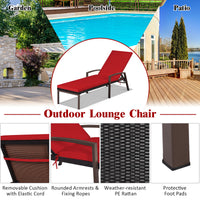 Costway 2PCS Patio Rattan Lounge Chair Chaise Recliner Back Adjustable Cushioned Red