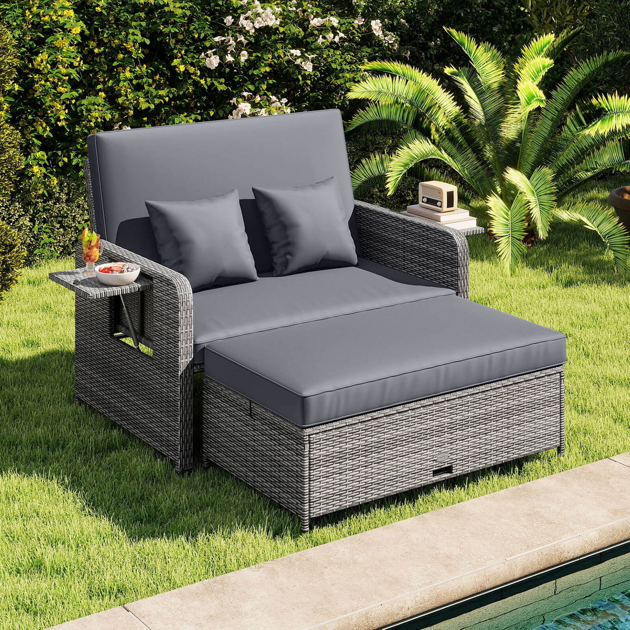 Costway Wicker Outdoor Patio Dining Set with Ottoman and Retractable Side Tray, Gray