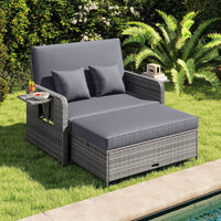 Costway Wicker Outdoor Patio Dining Set with Ottoman and Retractable Side Tray, Gray