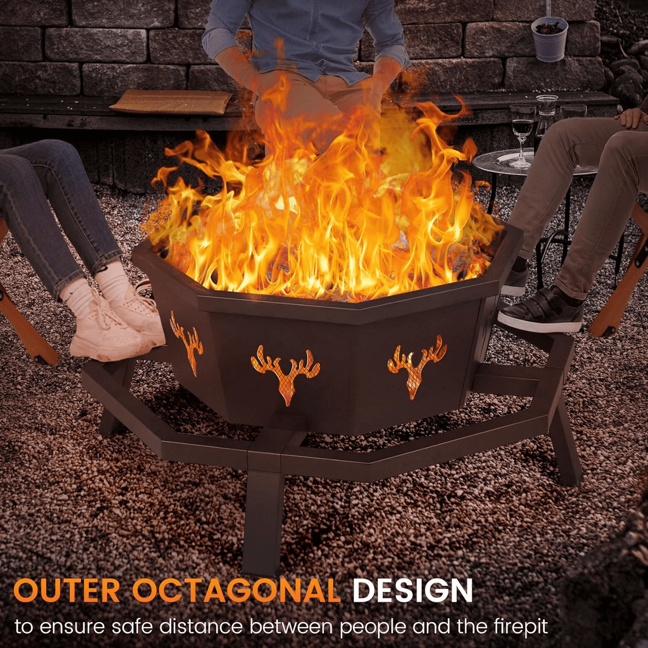 HAUXITIO Octagon Wood Burning Fire Pit,35" Outdoor Steel Firepit with Fire Poker for Patio, Backyard, Garden and Camping