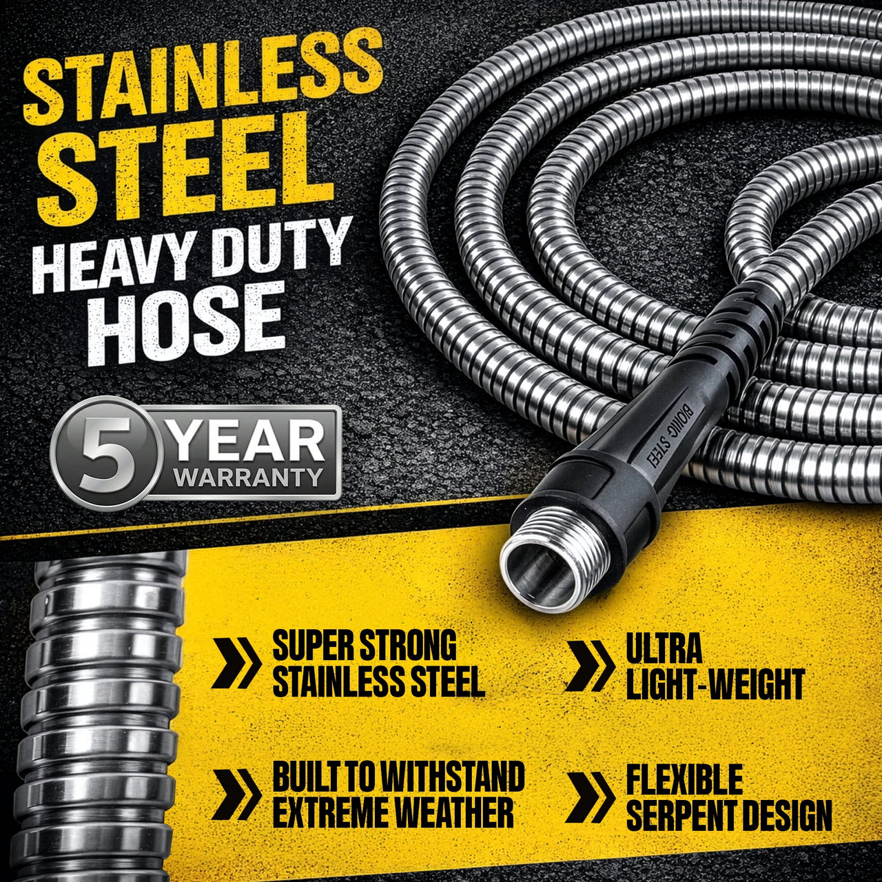 BIONIC STEEL 25 Ft Metal Garden Hose with Sprayer Nozzle, Non Kinking Designed Stainless Steel Heavy Duty Water Hose 100 Ft x 5/8 in. Flexible NON Expandable for Uninterrupted Water Flow, 500 PSI