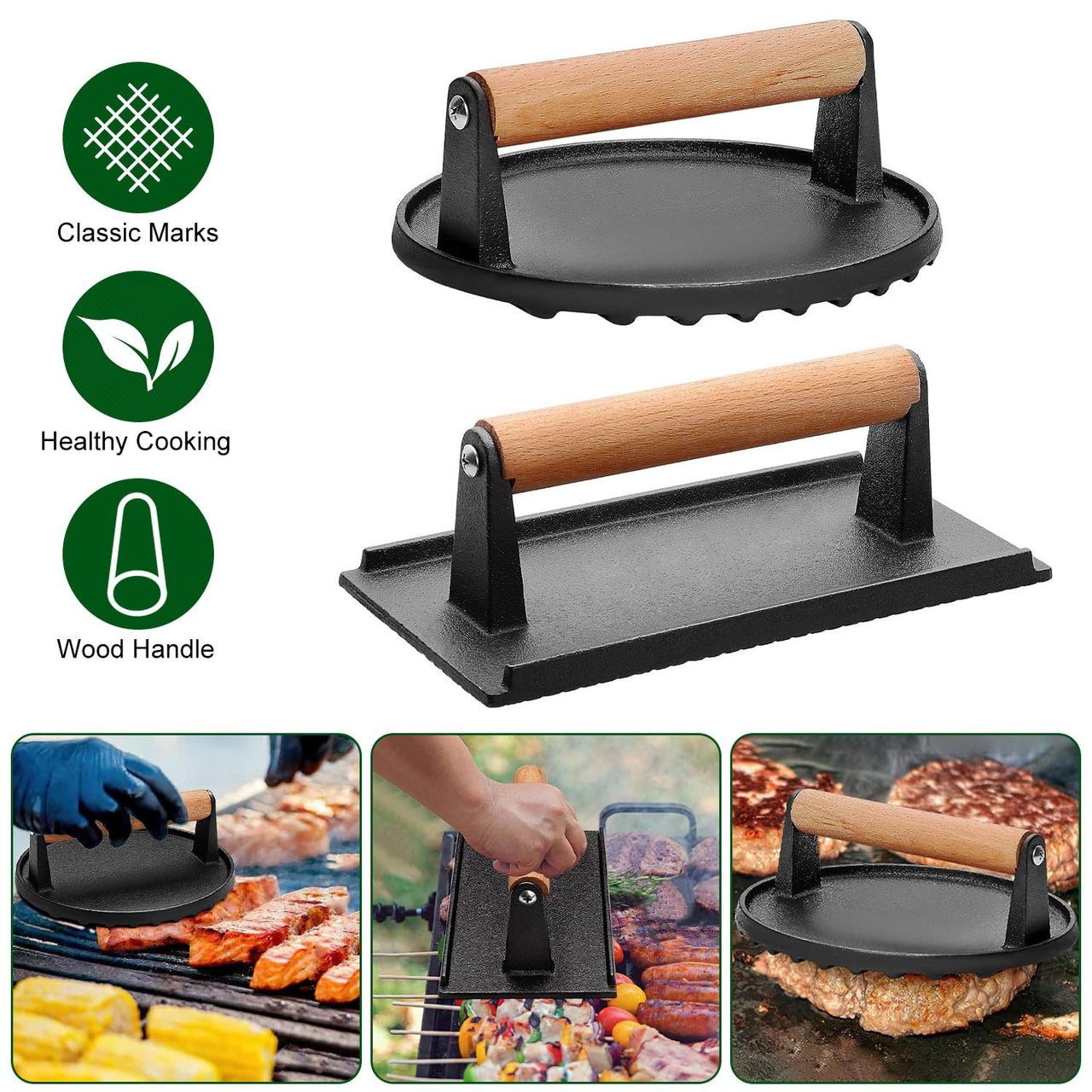 2Pcs Burger Press Heavy-Duty Cast Iron Smashed Meat Steak Weight Grill Griddle Press (7" Round & 8.2"X4.3" Rectangle) with Wood Handle for Camping Griddle