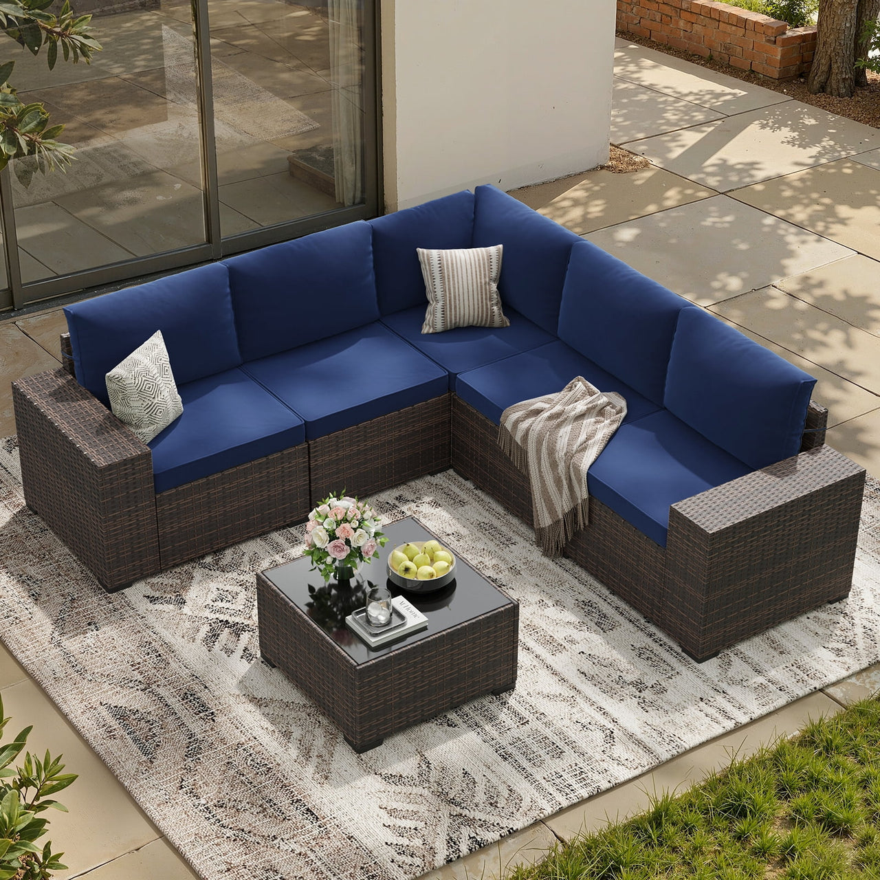 STARY 6 Pieces Outdoor Sectional Sofa with Wide Armrests, Patio Conversation Set, PE Rattan Furniture Set for Backyard, Blue