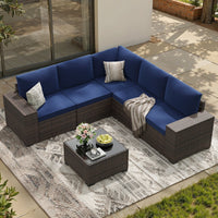 STARY 6 Pieces Outdoor Sectional Sofa with Wide Armrests, Patio Conversation Set, PE Rattan Furniture Set for Backyard, Blue