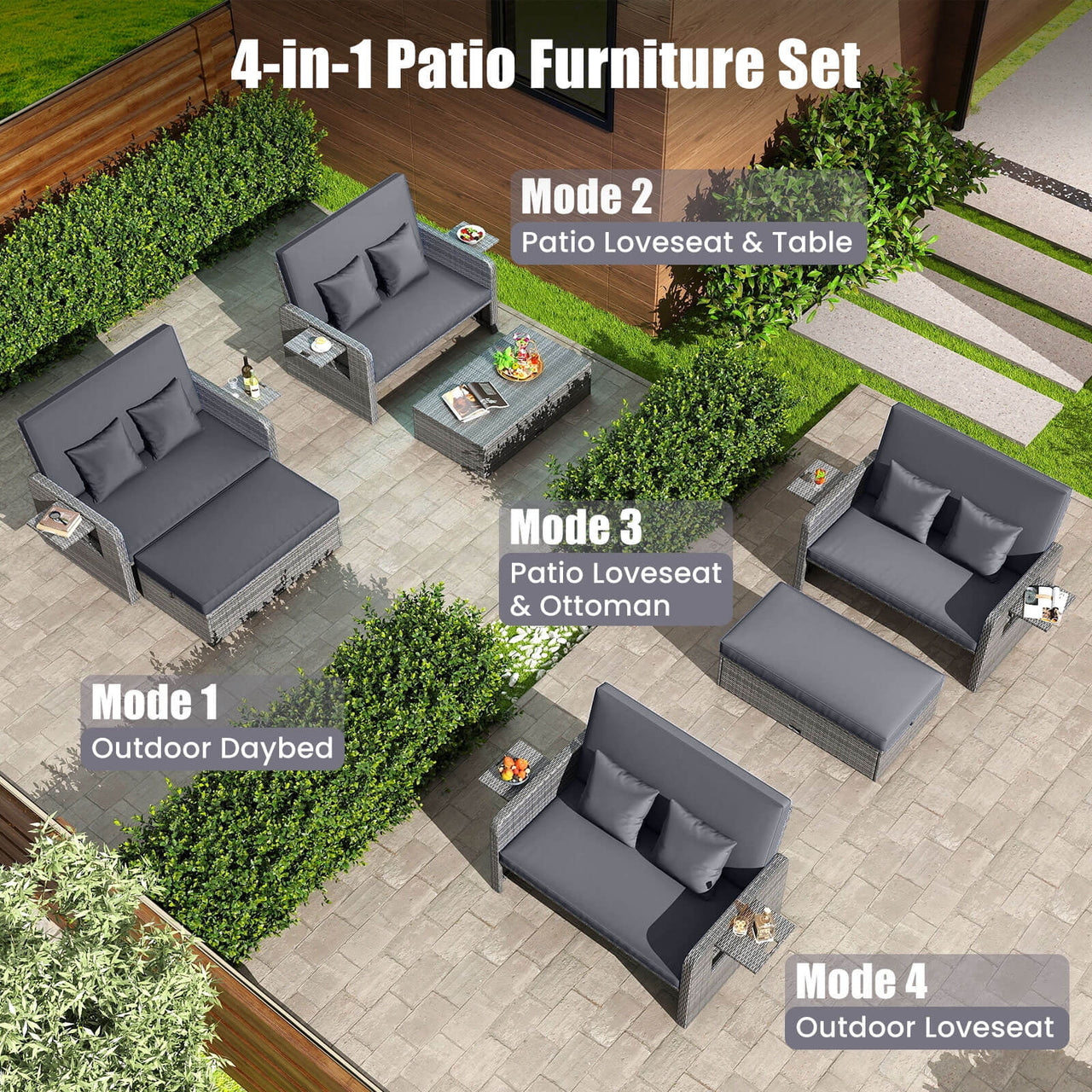 Costway Wicker Outdoor Patio Dining Set with Ottoman and Retractable Side Tray, Gray
