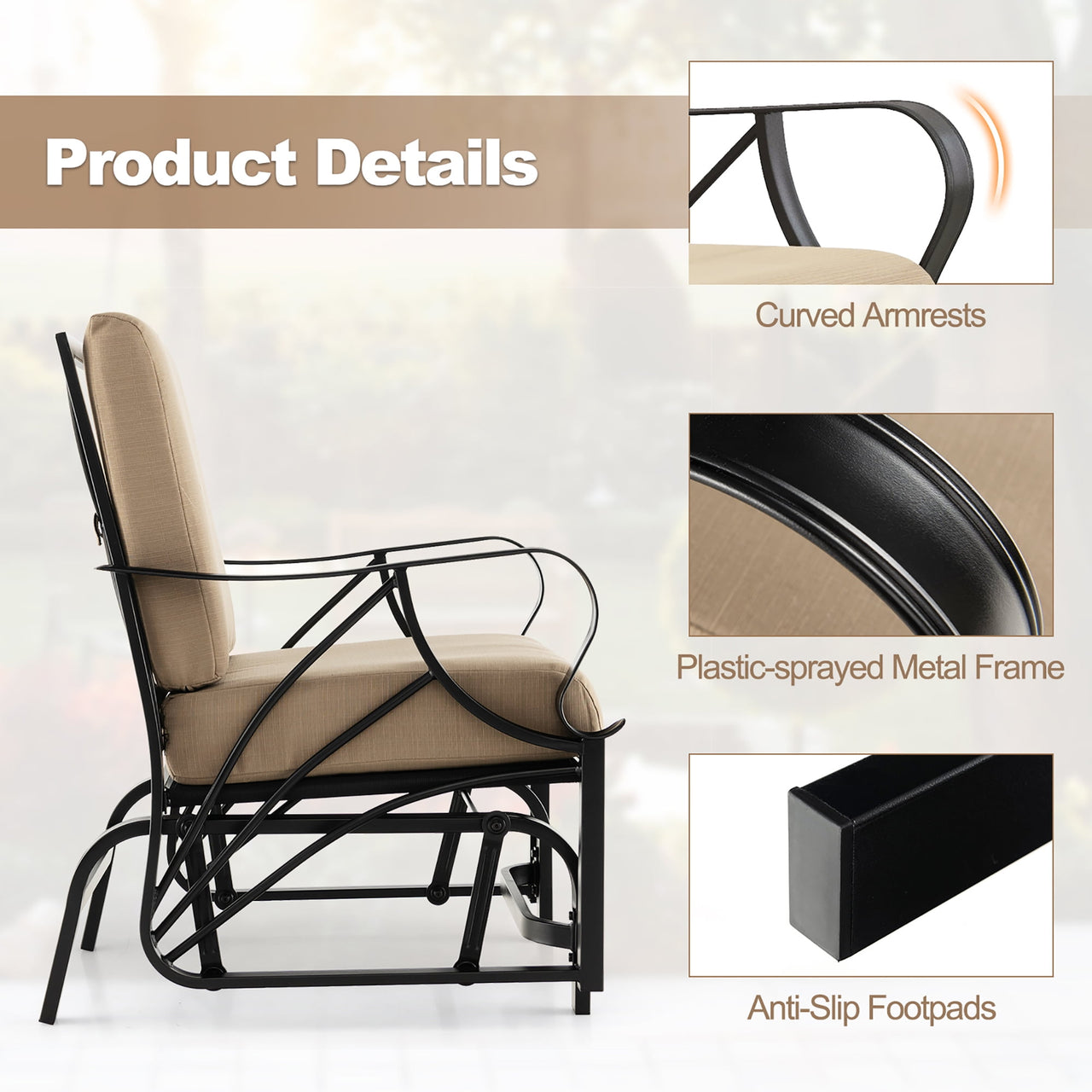 Gymax Patio Glider Chair Outdoor Metal Glider w/ Seat & Back Cushions Backyard Poolside