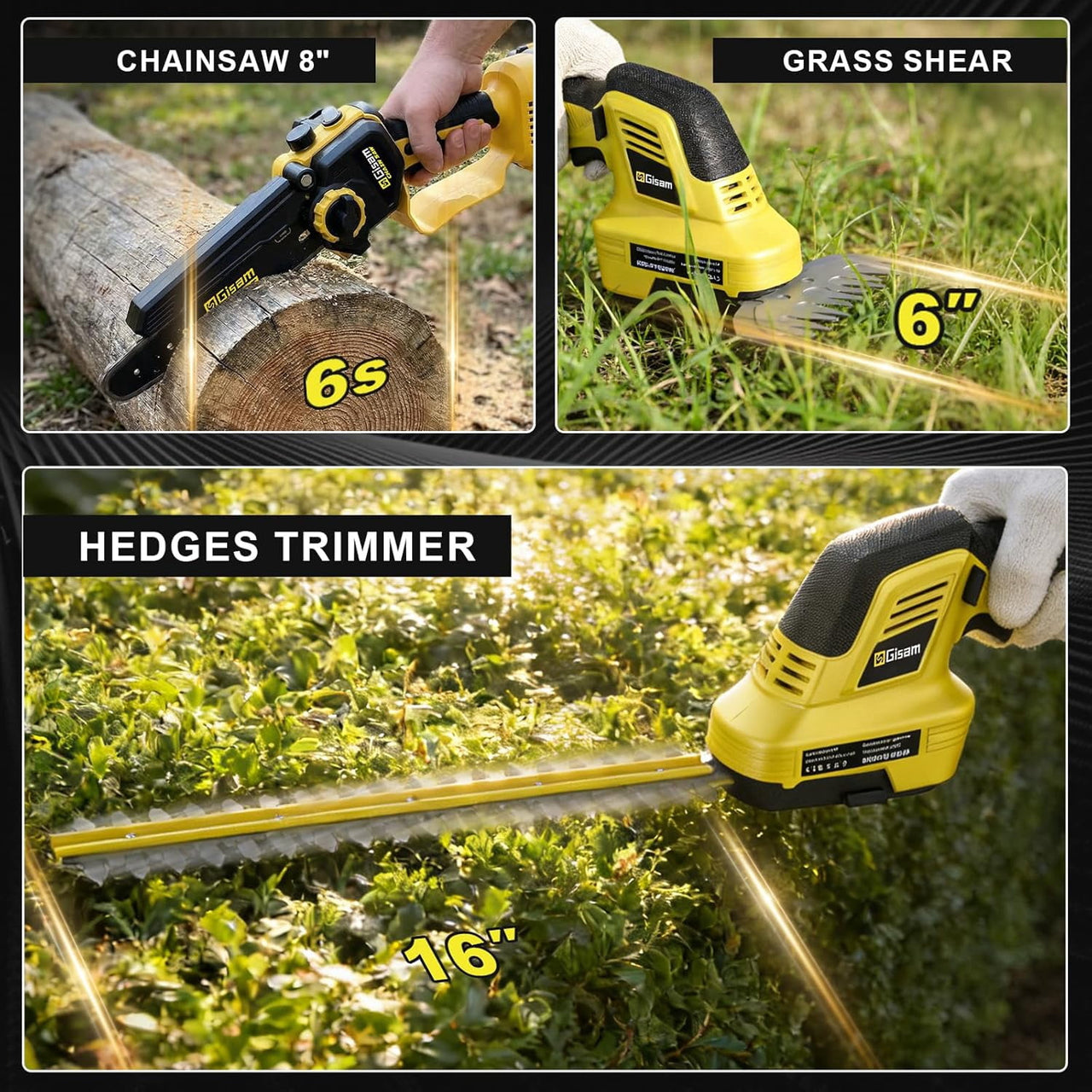 Gisam 6-in-1 Mini Chainsaw & Hedge Trimmer, 8-Inch Electric Chainsaw, 2×4.0Ah Batteries, Brushless Motor 2500W, 0-180° Adjustable,  4.5m Hedge Cutting