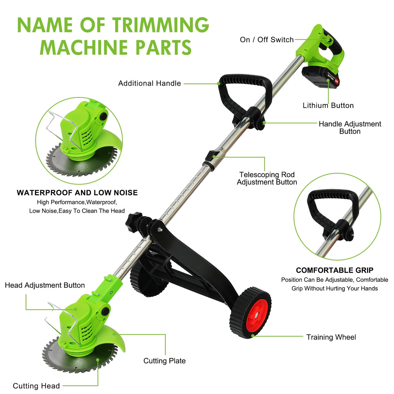 BAOKALER Electric Weed Eaters Cordless,2AH Battery Powered Weed Wacker with Charger, Grass Trimmer with Supporting Wheels, Grass Cutting Machine with 1 Batteriy for Yard and Garden, Green
