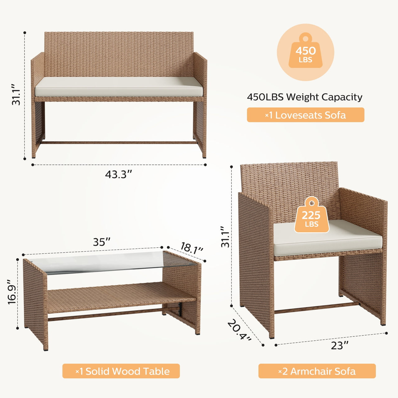 ELPOSUN 4-Piece Patio Rattan Furniture Set with Cushions & Tempered Glass Tabletop, Beige