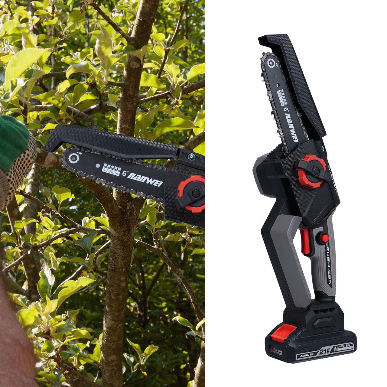 Cordless Chainsaw 6inch Chainsaw Brushless Electric Chainsaw For Logging And Tree Cutting Wood Processing, Garden Maintenance, Artistic Creation Outdoor Adventure 2PCS 21V 4000mah