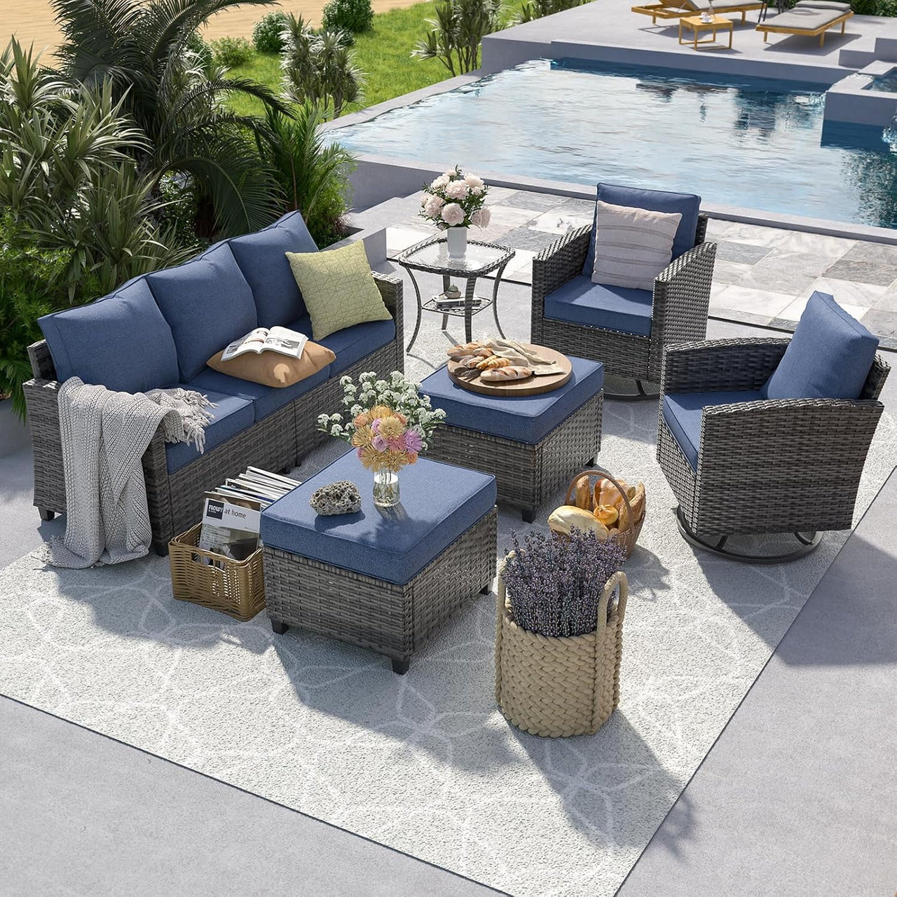 ELPOSUN Patio Furniture Set, 6 Pieces Outdoor Patio Set, All-Weather Wicker Rattan Outdoor Furniture Set with Swivel Chairs for Poolside, Backyard, Gray Wicker Navy Blue Cushions