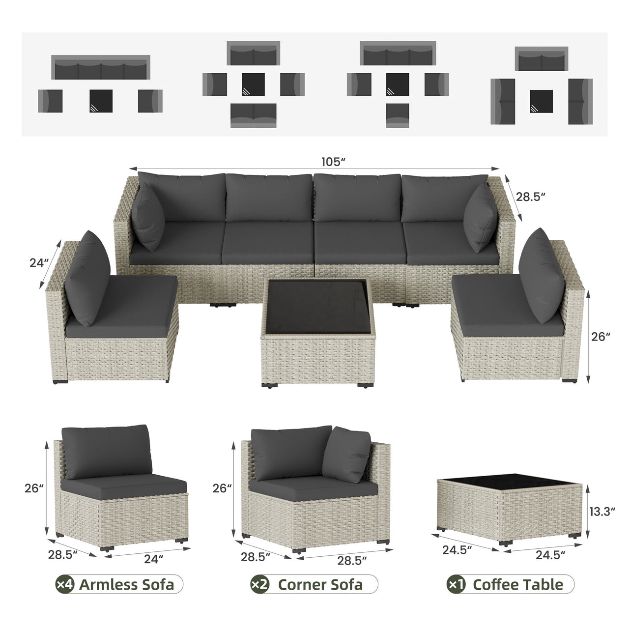 7 Pieces Patio Conversation Set, Outdoor Sectional PE Rattan Wicker Furniture Seat,Dark Gray