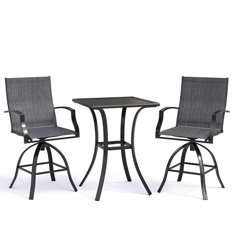 AMOPATIO 3-Piece Patio Swivel Bar Set - All Weather High Top Bistro Set with 2 Oversize Bar Stools & Metal Table for Backyard, Garden, Porch, Khaki