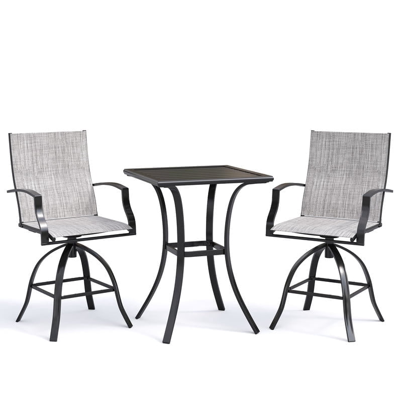 AMOPATIO 3-Piece Patio Swivel Bar Set - All Weather High Top Bistro Set with 2 Oversize Bar Stools & Metal Table for Backyard, Garden, Porch, Khaki