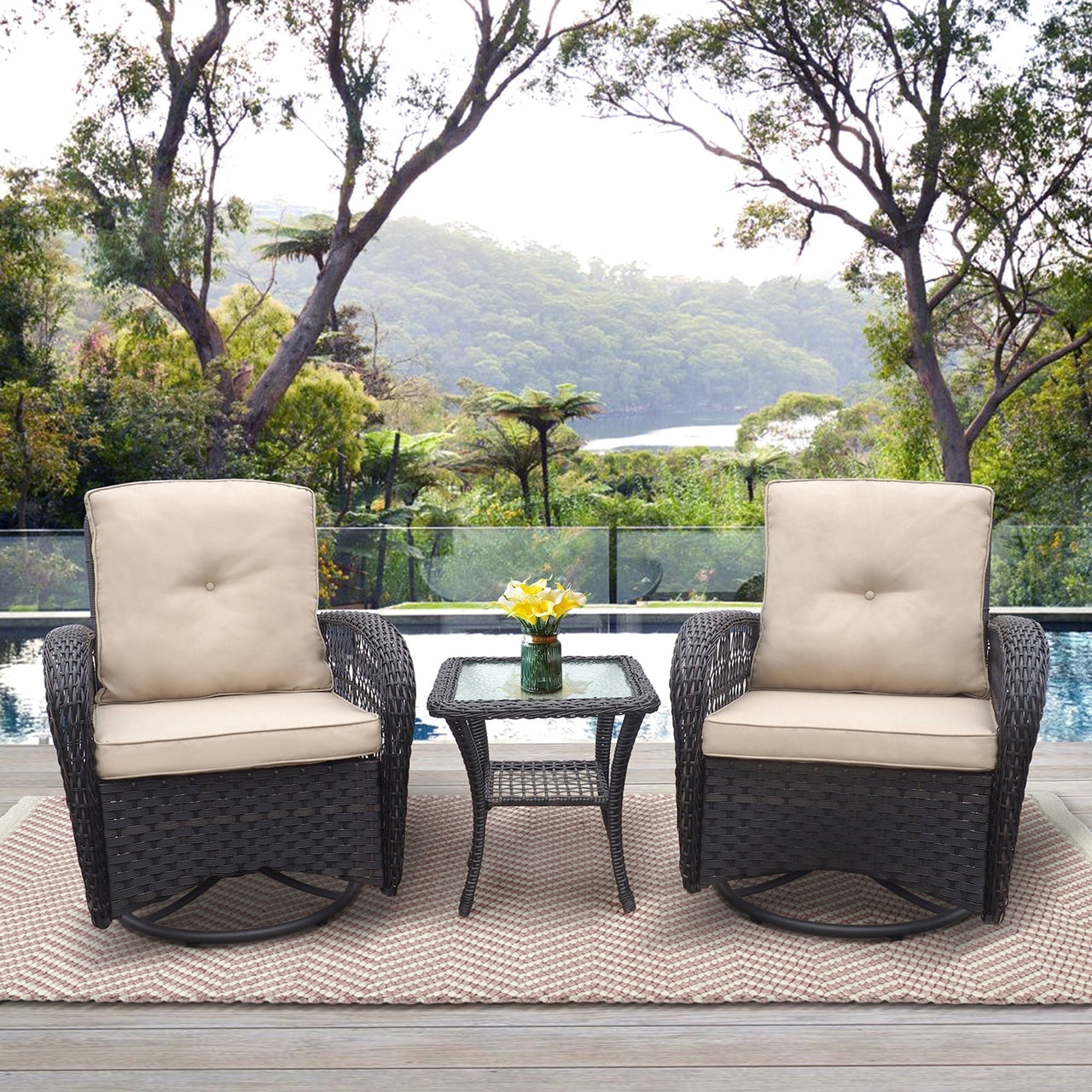 ATR ART TO REAL 3PCS Outdoor Wicker Swivel Rocker, Patio Rattan Furniture Rocker Set, Navy Blue