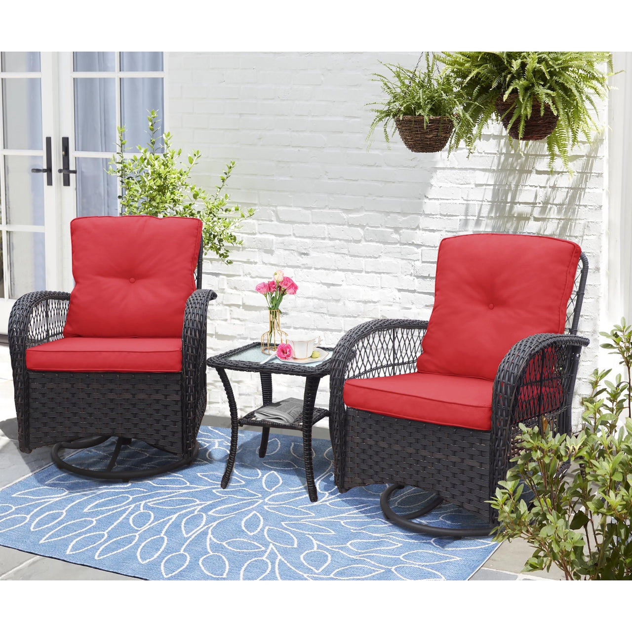 ATR ART TO REAL 3PCS Outdoor Wicker Swivel Rocker, Patio Rattan Furniture Rocker Set, Navy Blue