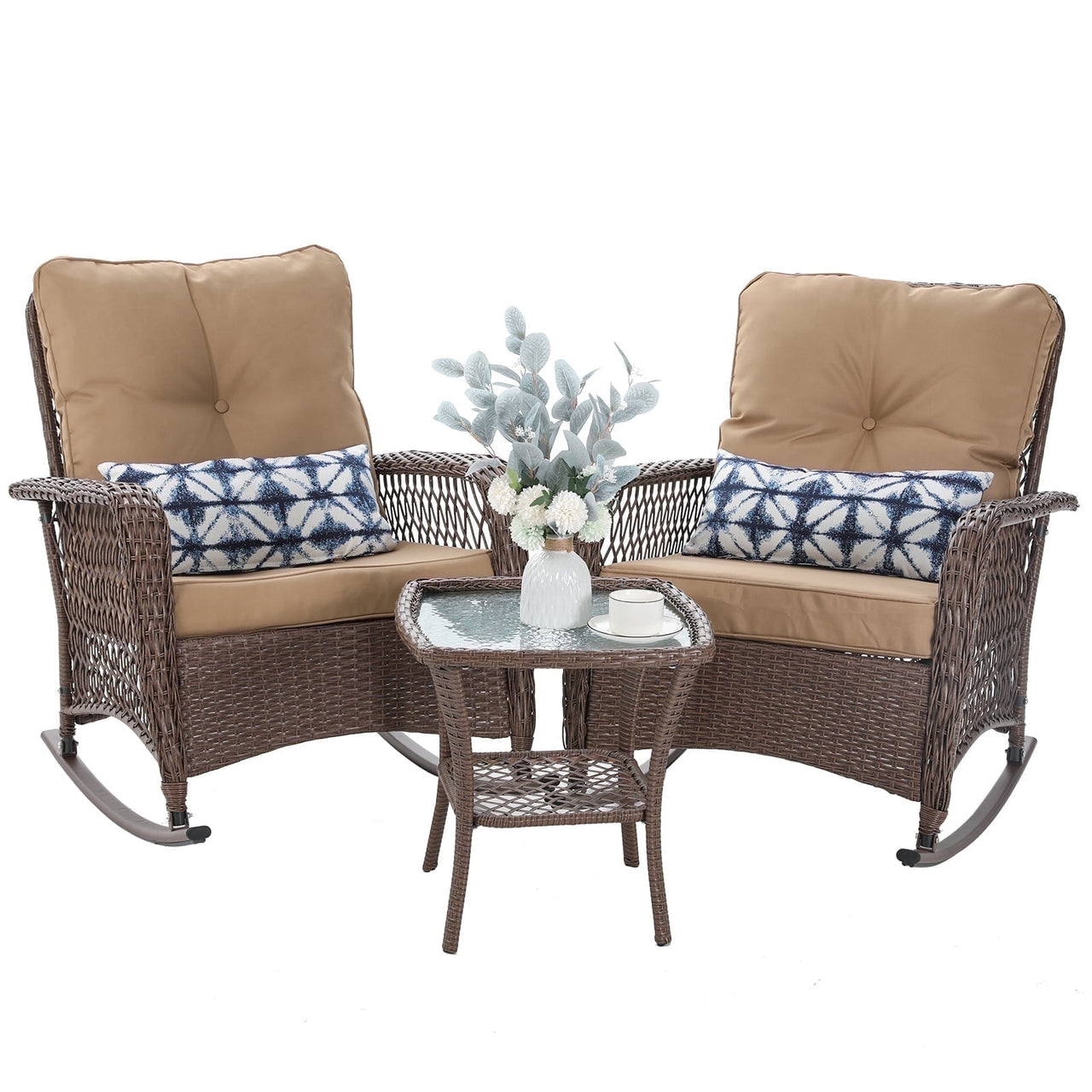 AMOPATIO 3-Piece Patio Swivel Bar Set - All Weather High Top Bistro Set with 2 Oversize Bar Stools & Metal Table for Backyard, Garden, Porch, Khaki