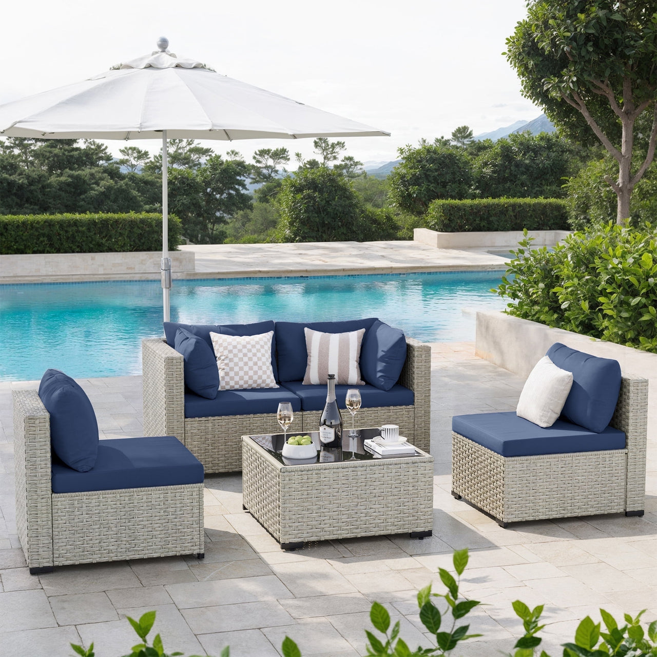 Amopatio 7 Pieces Patio Conversation Set, Outdoor Sectional PE Rattan Wicker Furniture Seat,GREEN