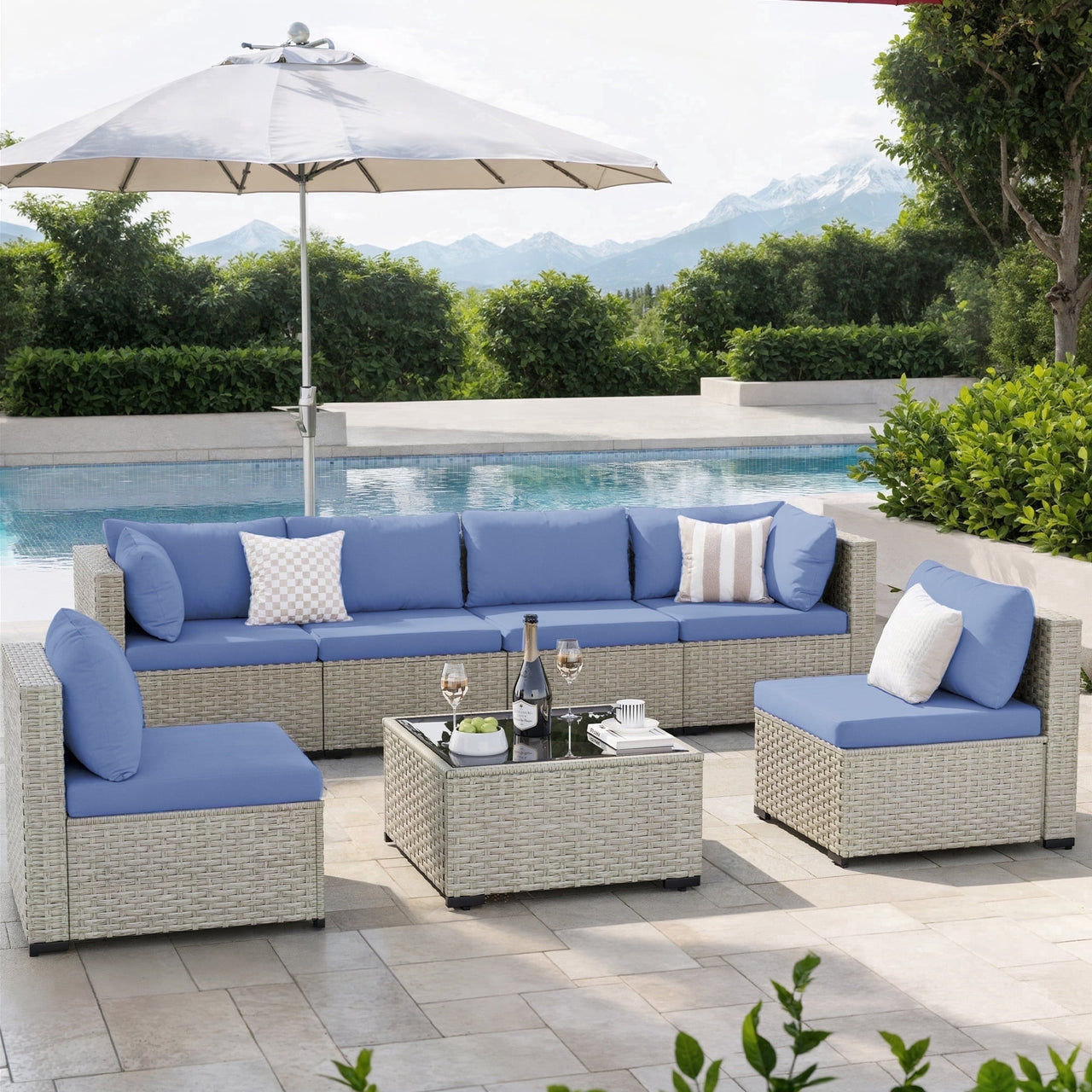 Amopatio 7 Pieces Patio Conversation Set, Outdoor Sectional PE Rattan Wicker Furniture Seat,GREEN
