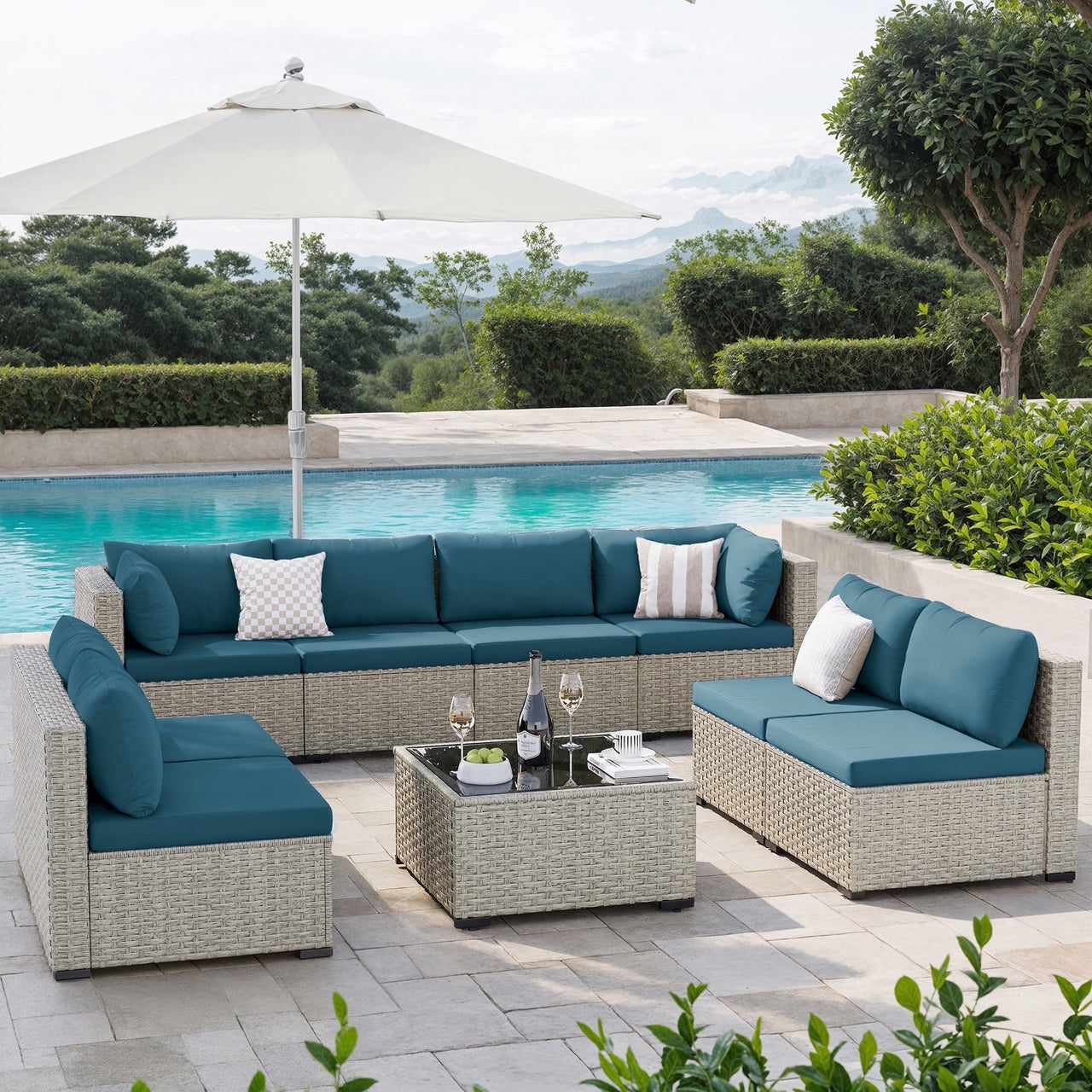 Amopatio 7 Pieces Patio Conversation Set, Outdoor Sectional PE Rattan Wicker Furniture Seat,GREEN