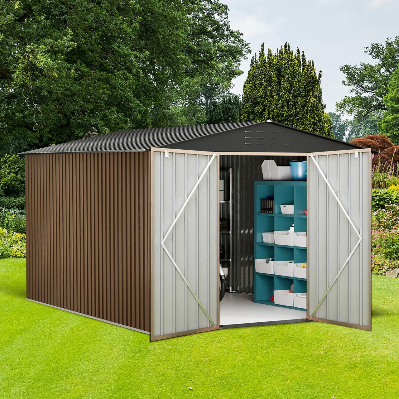 Ataucjin 8x8 FT Outdoor Metal Storage Shed, Large Metal Storage Sheds with Sturdy Frame Structure, Garden Tool Shed with Lockable Door for Garden, Lawn, Backyard