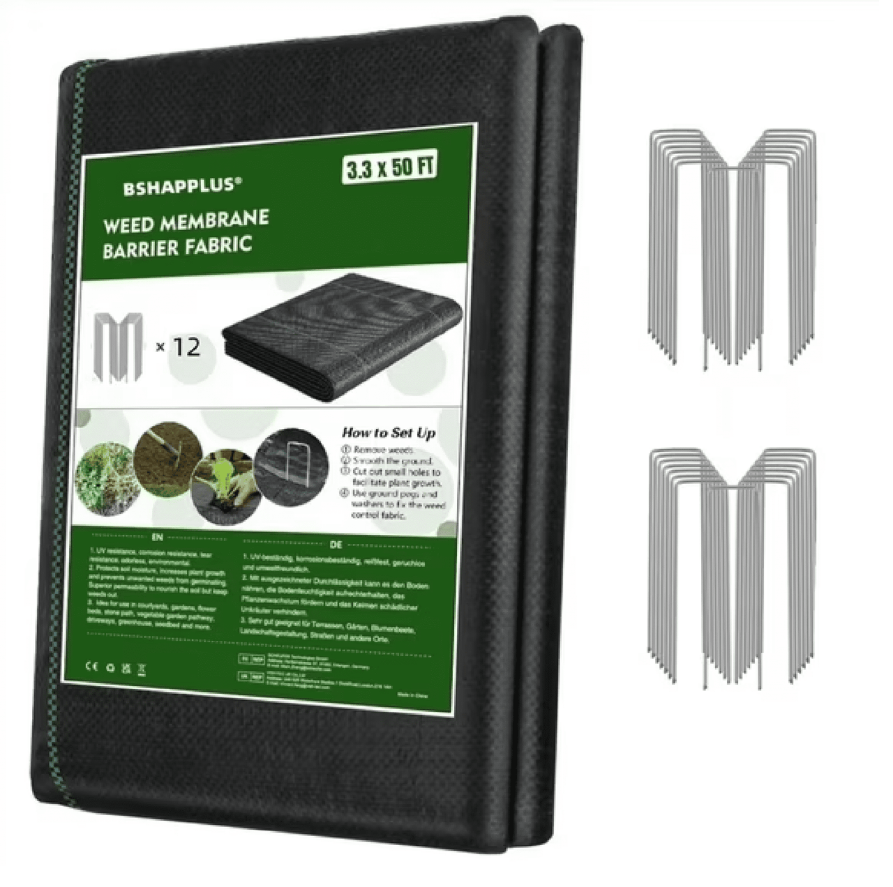 BSHAPPLUS® 3.3x50ft Weed Barrier Fabric,3.2OZ Landscape Fabric,Heavy Duty Geotextile Fabric with 12 U-Shaped Securing Pegs,Woven Ground Cover for Commercial Greenhouse,Yard,Garden Barrier Cloth