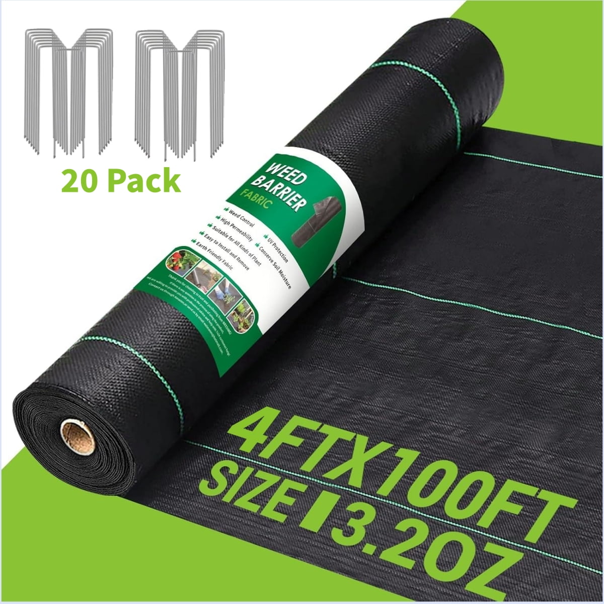 BSHAPPLUS® 3.3x50ft Weed Barrier Fabric,3.2OZ Landscape Fabric,Heavy Duty Geotextile Fabric with 12 U-Shaped Securing Pegs,Woven Ground Cover for Commercial Greenhouse,Yard,Garden Barrier Cloth