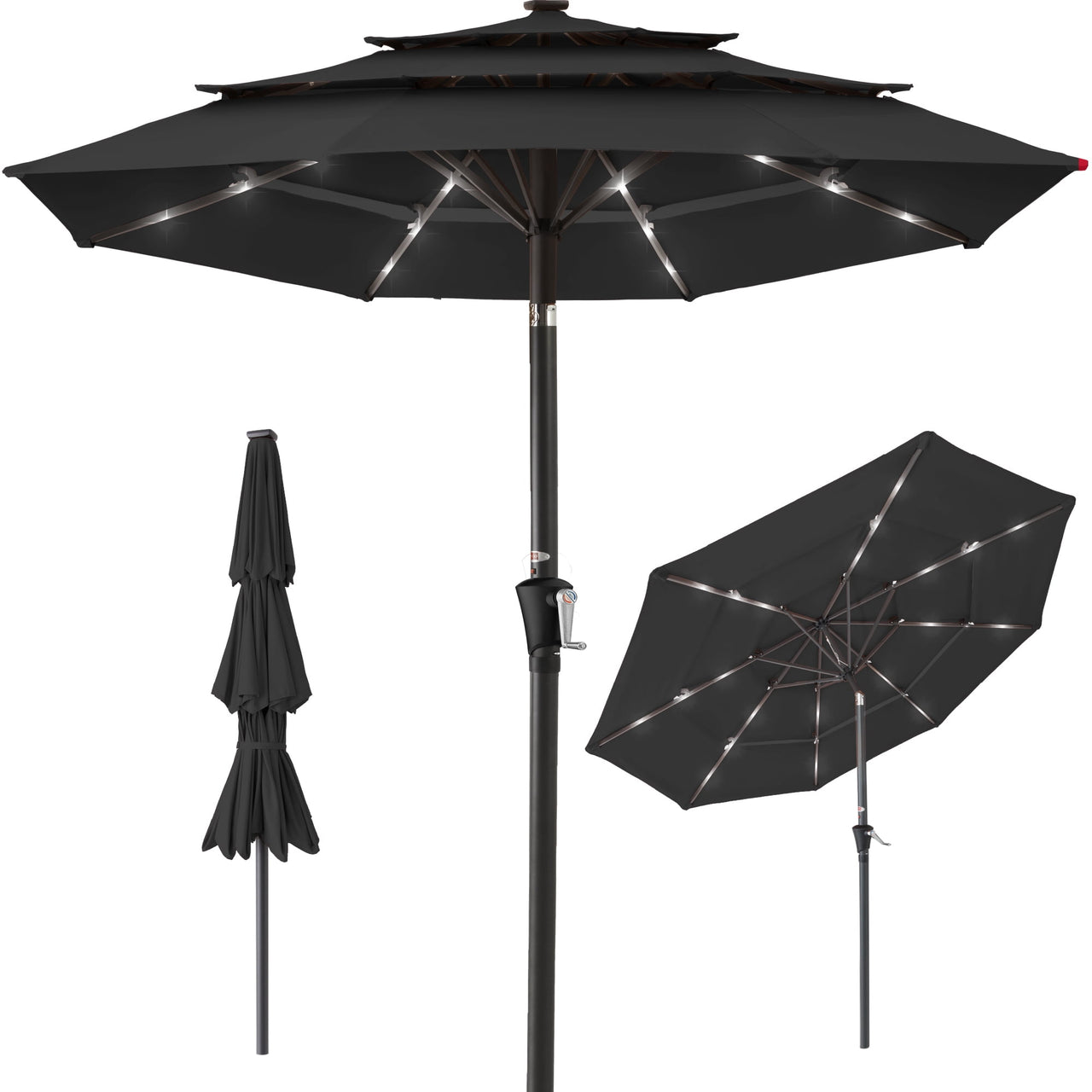 Best Choice Products 10ft 3-Tier Solar Patio Umbrella w/ 24 LED Lights, Tilt Adjustment, Easy Crank - Tan