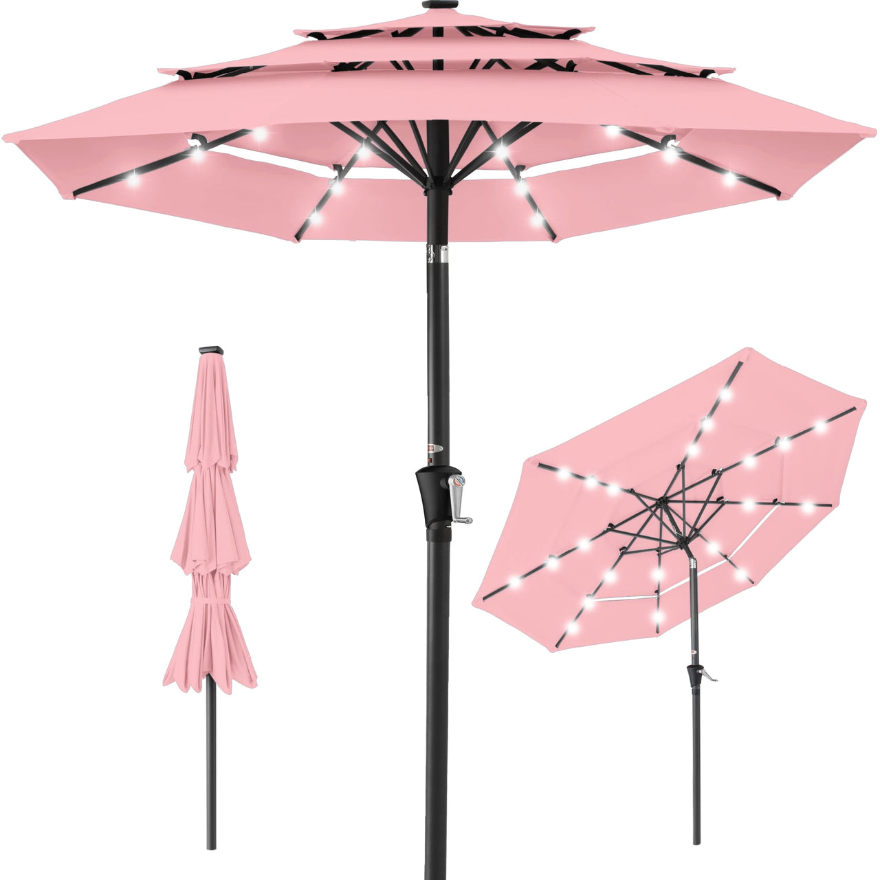 Best Choice Products 10ft 3-Tier Solar Patio Umbrella w/ 24 LED Lights, Tilt Adjustment, Easy Crank - Tan