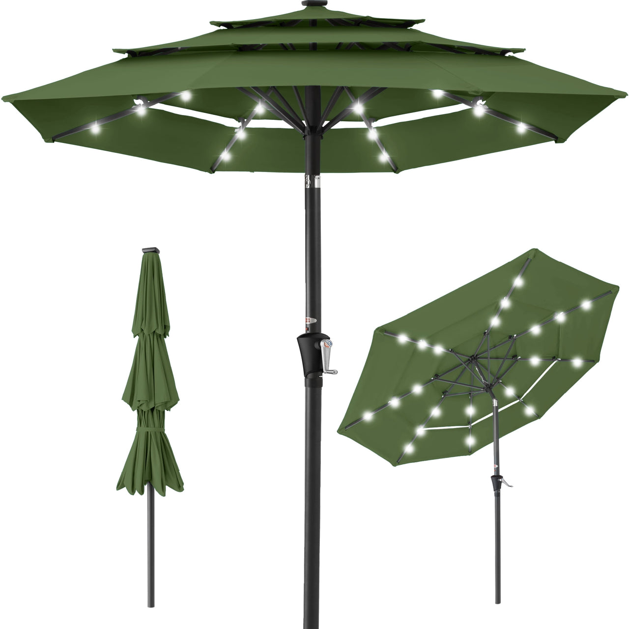 Best Choice Products 10ft 3-Tier Solar Patio Umbrella w/ 24 LED Lights, Tilt Adjustment, Easy Crank - Tan
