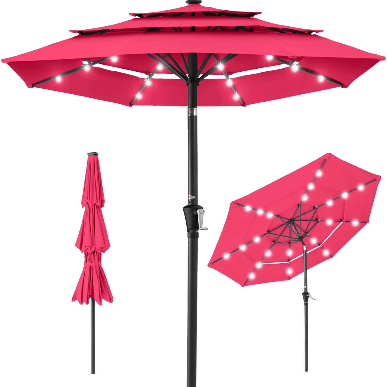 Best Choice Products 10ft 3-Tier Solar Patio Umbrella w/ 24 LED Lights, Tilt Adjustment, Easy Crank - Tan